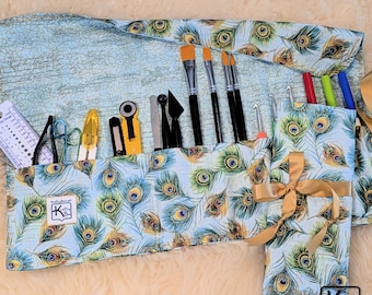 Rollup Holder Travel Case Organizer Peacock Feathers Fabric Design Brush Roll Crafting Tools Knitting Needles or Crochet Hooks Case Fun Gift