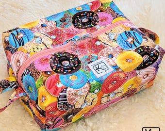 Makeup Bag Sweet Colorful Donuts Design Cotton Fabric Boxy Bag for Cosmetics or Toiletries Lined Inside Handmade Travel Essentials Fun Gift