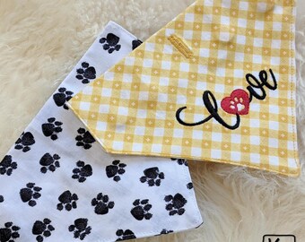 Cat or Dog Bandana Set Snap on Collar Yellow Cotton Fabric Embroidered Love Design & Paw Prints Kitten or Puppy Scarf X Small Size Pet Gift