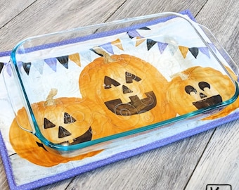 Halloween Casserole Hot Pad Quilted Cotton Fabric Jack O Lantern Pumpkins Design Handmade Trivet Baking Essentials Halloween Kitchen Gift