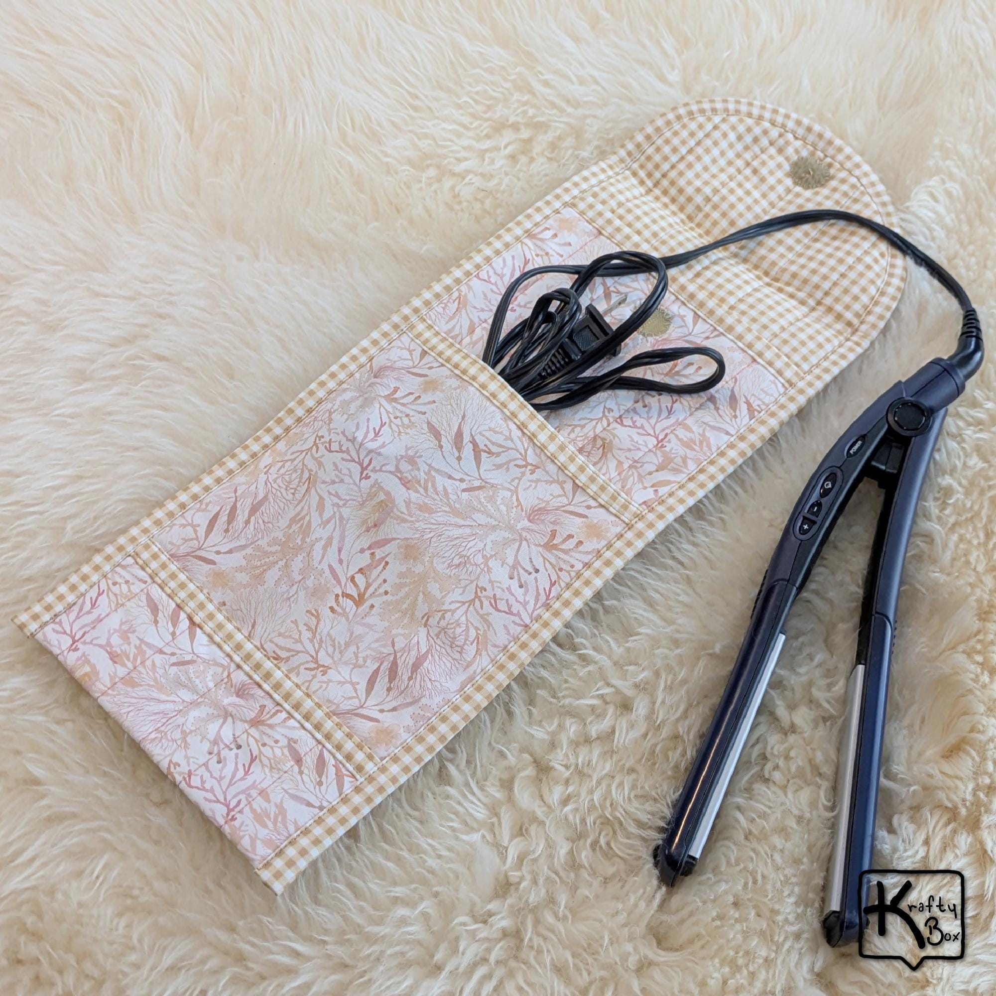 Handmade Curling Iron Flat Iron Travel Case Heat Protective Bag Peach Color Seaweed Fabric Design Hair Straightener Holder Unique Gift