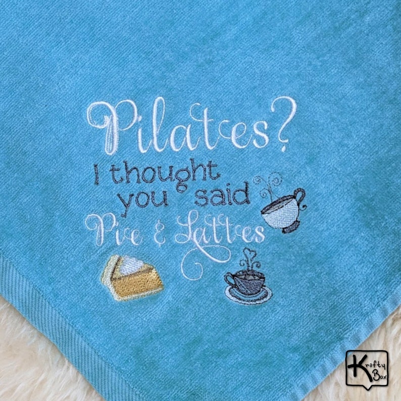Handmade Pilates towel with funny embroidered sign Pilates I Thought You Said Pie & Lattes design and gold color corner grommet with hook. All our towels are pre-washed before embroidering the design to make sure the design doesn’t change.