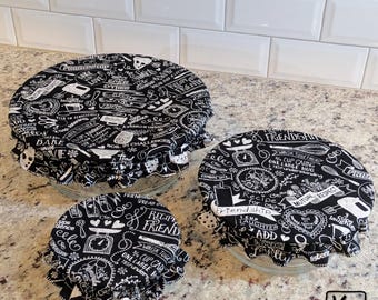 Handmade Cotton Bowl Covers - Set of 3 - Black & White Kitchen Lids