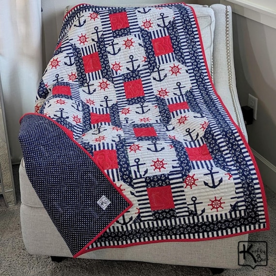 Handmade Quilt Nautical Design Cotton Fabric with Unique Sailboats and Anchors Stitching Beautiful Beach Home Decor Ocean Lover Gift