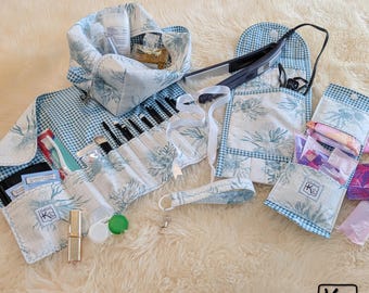 Handmade Travel Essentials Gift Set Ocean Seaweed Design Blue & White Boxy Bag, Rollup Holder, Curling Iron Holder, Privacy Pouch, Keychain