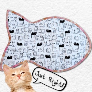 Cat Placemat Fish Shape Reversible Cotton Fabric Cute Cartoon Cats Design Pet Food Station Mat Great for Feeding Time Unique Cat Lover Gift
