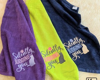 Sports Towel Cat Funny Quote Silently Judging You Embroidered Design Soft Velour Handmade Workout Towel Unique Golf Towel Unique Gym Gift