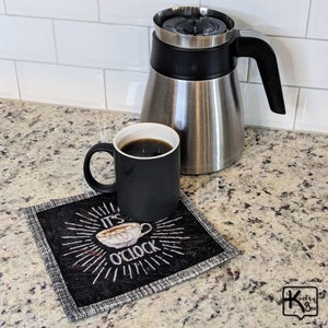Quilted Coaster or Mug Rug Coffee Chalkboard Design Fabric Quote It&#39;s Coffee O&#39;clock Square Snack Mat Unique Office Coffee Lover Gift