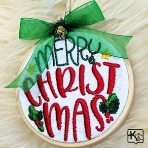 Embroidered Christmas Ornament Design Merry Christmas Sign Bamboo Embroidery Hoop Sheer Bow and Mini Jingle Bell Great Keepsake Holiday Gift