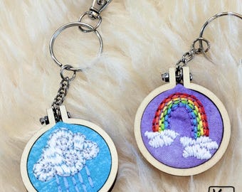 Two Embroidered Keychains Rainbow & Rainy Cloud Design Round Wood Mini Embroidery Hoops Cute Purse Charm Love and Great Friendship Gift