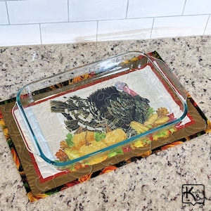 Casserole Hot Pad Quilted Cotton Fabric Thanksgiving Turkey Design Handmade Fall Colors Trivet Baking Essentials Unique Autumn Kitchen Gift