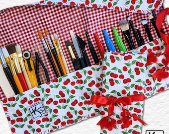 Rollup Holder Travel Organizer Cherry Fabric Design for Makeup Brushes Knitting Needles Crochet Hooks Craft Tools Unique Handmade Gift