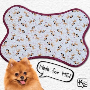 Dog Placemat Bone Shape Cute Cartoon Dog Design Handmade Quilted Fabric Reversible Pet Food Station Mat Unique New Puppy Mom Gift