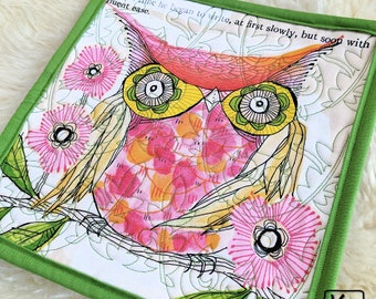 Large Mug Rug Quilted Desk Coaster Cute Pink Owl Fabric Design Square Placemat for Desk Snack Unique Office Gift