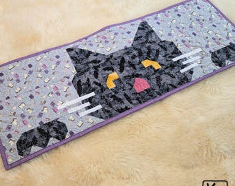 Quilted Table Runner Sparkly Black Cat & Spooky Books Halloween Design Unique Fun Decoration and Unique Handmade House Cat Lover Gift
