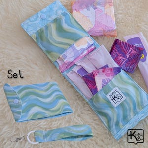 Handmade Privacy Pouch for Feminine Products & Fabric Keychain Ocean Design Blue and Green Waves Compact Size Period Wallet Unique Gift Set