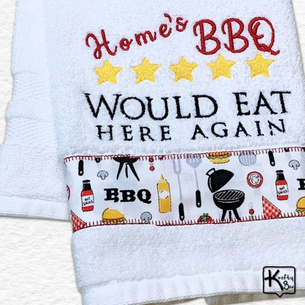 BBQ Kitchen Towel Cotton Terry Cloth Embroidered Home's BBQ 5 Stars Would Eat Here Again Review BBQ Fabric Handmade Towel Great Home Gift