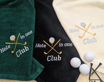 Golf Towel Embroidered Design Hole in One Club with Gold Color Thread Soft Cotton Velour Handmade Sports Towel Elegant Golfer Gift