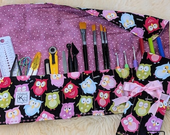 Rollup Holder Travel Organizer Art Supplies Fabric Colorful Owls Design Cute Brush Roll Knitting Needles Crochet Hooks Case Artist Tool Roll