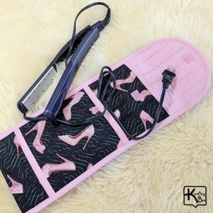 Curling Iron Flat Iron Travel Bag Heat Protective Case Fabric Pink Stiletto Shoes & Silver Sparkle Design Hair Straightener Holder Cute Gift