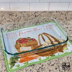 Casserole Hot Pad Fresh from the Farm Veggies & Flower Baskets Fabric Design Quilted Handmade Trivet Big Hot Pad Unique Home Kitchen Gift
