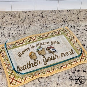 Casserole Hot Pad Bird Houses with Cute Home Sign Fabric Design Quilted Handmade Cotton Fabric Trivet Big Hot Pad Unique Home Kitchen Gift