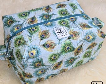 Makeup Bag Peacock Feathers Design Cotton Fabric Boxy Bag for Cosmetics or Toiletries Lined Inside Handmade Travel Essentials Gift