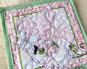 Pot Holder Handmade Square Quilted Cotton Fabric Design Pink Flamingo Wearing Pink Hat Cute Potholder Unique Cooking and Baking Gift