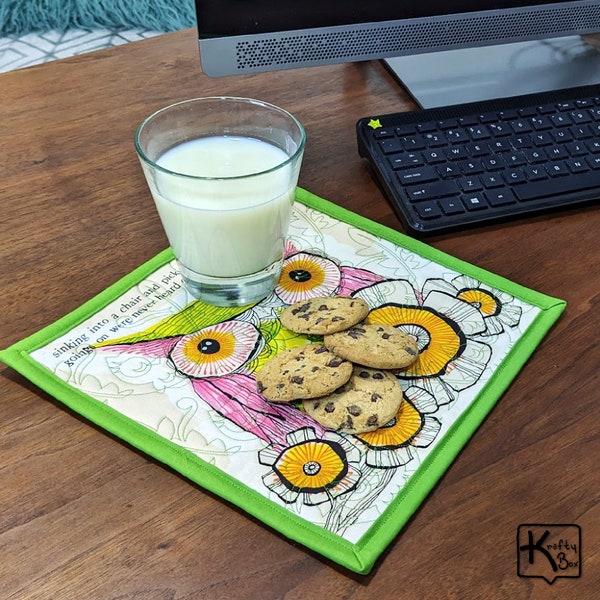 Large Mug Rug Quilted Desk Coaster Cute Yellow Owl Fabric Design Square Placemat for Desk Snack Unique Office Gift