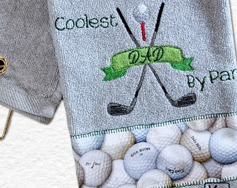 Golf Towel Trifold Embroidered Design Coolest Dad By Par with Crossed Golf Clubs Soft Cotton Velour Handmade Sports Towel Dad Golfer Gift