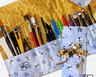 Rollup Holder Travel Case Bees & Flowers Fabric Design Brush Roll Crafting Tools Knitting Needles Crochet Hooks Bag Unique Bee Lover Gift