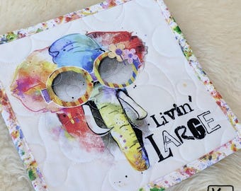 Mug Rug Large Quilted Desk Coaster Funny Elephant Watercolor Animal Paint Design Fabric Square Placemat Unique Office Elephant Gift