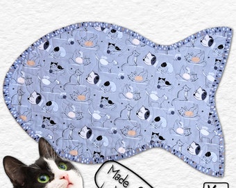 Cat Placemat Fish Shape Reversible Cotton Fabric Gray Cats Playing Design Pet Food Station Mat Great for Feeding Time Unique Cat Lover Gift