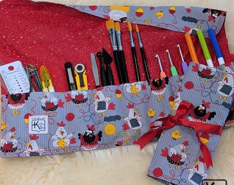 Rollup Holder Travel Case Knitting Chickens Fabric Design Brush Roll Knitting Needles Crochet Hooks Crafting Tools Bag Unique Handmade Gift