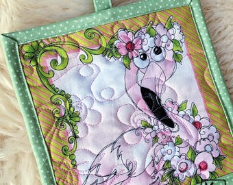 Pot Holder Handmade Square Quilted Cotton Fabric Pink Flamingo Wearing Flowers Design Cute Potholder Unique Baking Kitchen Gift