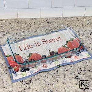 Casserole Hot Pad Life is Sweet Blue and Red Berries Fabric Design Quilted Handmade Trivet Big Hot Pad Unique Home Kitchen Gift