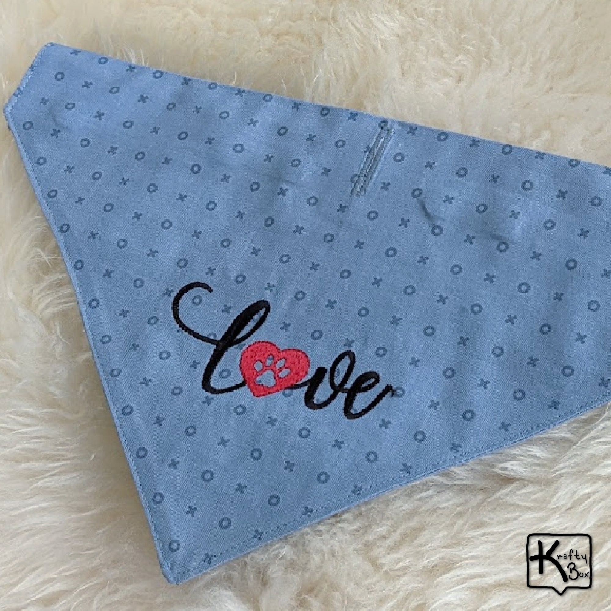 Dog Bandana Snap on Collar Cotton Fabric Embroidered Design Love Blue Cute Dog Scarf Unique Pet Accessory Medium Size Dog Gift