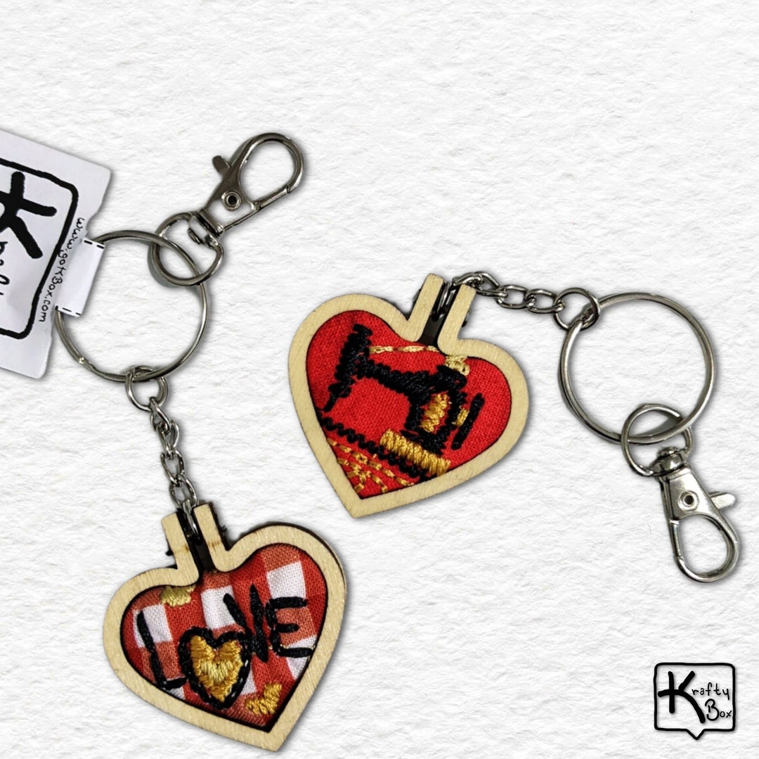 Two Embroidered Keychains Gift Set Vintage Sewing Machine & Love Wood ...