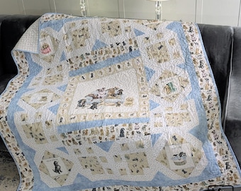 Handmade Quilt Cute Dogs & Paws in Blue Sofa Design with Paws and Hearts Quilting Stitching Larger Toddler Size 59" x 70" Thoughtful Gift