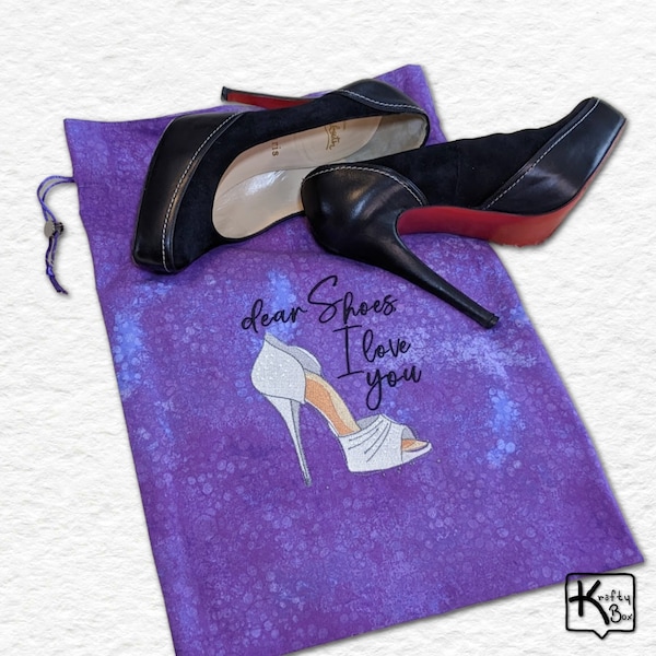 Travel Shoe Bag Flannel Lining Purple Fabric Handmade Embroidered Silver Stiletto Shoe & Cute Quote Design Drawstring Bag Shoe Lover Gift