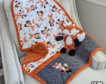 Handmade Baby Quilt & Cute Fox Plushie Cuddle Soft Fabric Detailed Applique Fox Kimberbell Design Thoughtful Baby Shower Gift Ready to Ship