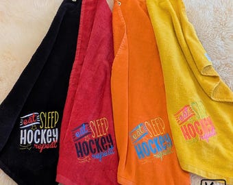 Hockey Towel Embroidered Design Eat Sleep Hockey Repeat Quote Soft Velour Handmade Sports Towel Useful and Fun Hockey Player Gift