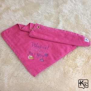 Handmade Pilates towel with funny embroidered sign Pilates I Thought You Said Pie & Lattes design and gold color corner grommet with hook. All our towels are pre-washed before embroidering the design to make sure the design doesn’t change.