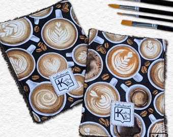 Reusable Paint Brush Towel Set 2 Absorbent Cotton Fabric Love Coffee Art Design Mini Size Handmade Painters Cloth Art Supply Artist Gift