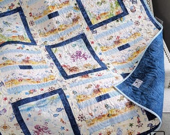 Handmade Quilt Cute Fish Turtles Ocean Design Cotton Fabric Unique Sailboats and Anchors Stitching Under Sea Fun Thoughtful Baby Shower Gift