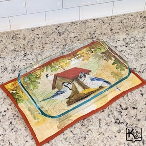 Casserole Hot Pad Blue Birds in Bird House Feeder Fabric Design Quilted Handmade Cotton Fabric Trivet Big Hot Pad Unique Home Kitchen Gift