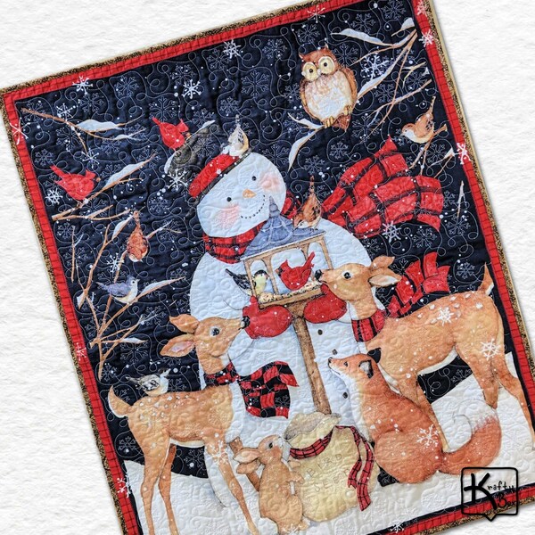 Handmade Quilt Winter Design Snowman & Forest Animals Detailed Snowflake Stitching Throughout Cotton Sofa or Lap Quilt Unique Christmas Gift