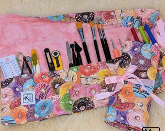 Handmade Rollup Holder Travel Case Colorful Donuts Design Brush Roll Crafting Tools Knitting Needles Crochet Hooks Artist Tool Roll Gift