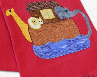 Kitchen Towel Noah’s Ark Fabric Applique and Button Accents Animals & Ark Make Teapot Shape Design Red Tea Towel Unique Kitchen Gift