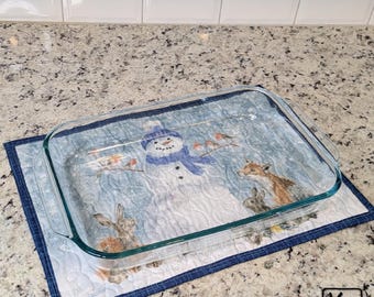 Casserole Hot Pad Christmas Snowman & Cute Forest Animals Design Quilted Cotton Fabric Handmade Trivet Baking Essential Holiday Kitchen Gift